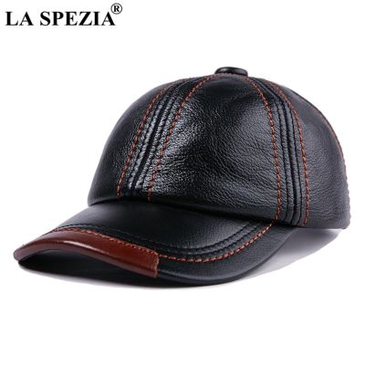 LA SPEZIA หมวกเบสบอลหนังแท้สีดำผู้ชาย Topi Kulit Sapi สแนปแบคชายปรับได้ฤดูหนาวหมวกเบสบอลหนังแท้