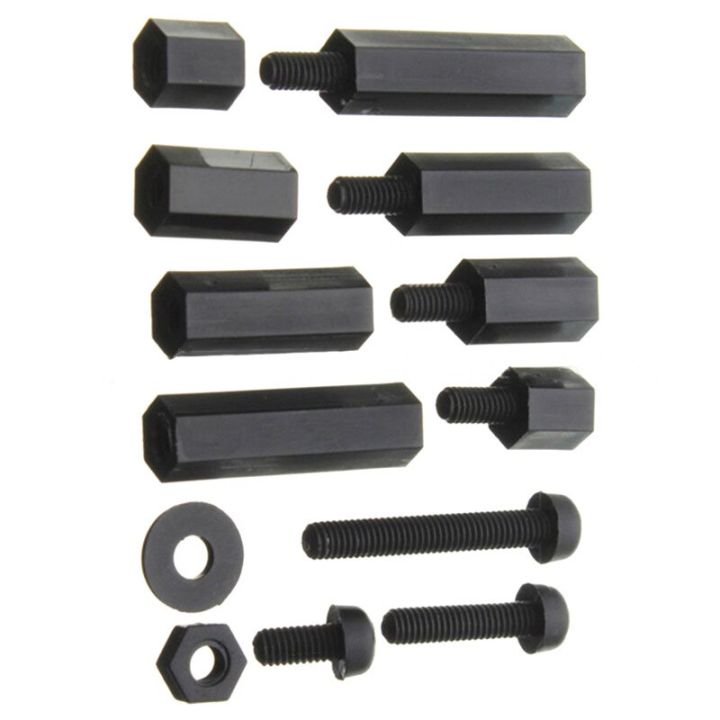 260pcs-black-m3-hex-bolt-nylon-standoff-spacer-column-plastic-spacing-screws-nuts-flat-washer-for-pcb-motherboard-assortment-kit-nails-screws-fastene