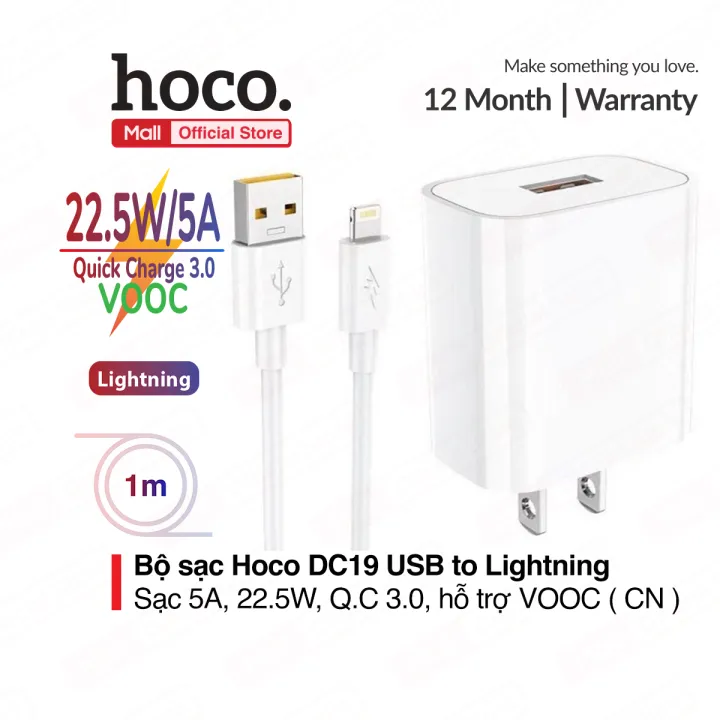 Bộ sạc nhanh Hoco DC19 USB to lightning sạc nhanh 5A/, Quick charge  , hỗ trợ sạc VOOC, kèm dây dài 1m 