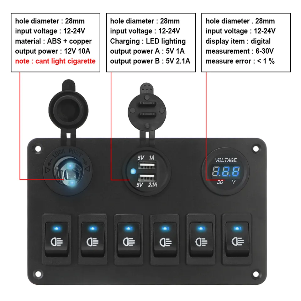 Car Marine Circuit Breaker 4 Gang Rocker Switch Panel On/Off USB Port LED  Digital Voltmeter DC 12V/24V fit Car RV Truck 