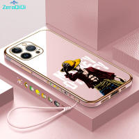 ZeroQiQi เคสโทรศัพท์สำหรับ iPhone 15 Plus 15 Pro 15 15 Pro Max เคสฟรีสายคล้องอนิเมะการ์ตูนลูฟี่ลวดลายขอบสี่เหลี่ยมชุบเคสโทรศัพท์เคสโทรศัพท์นิ่มสุดหรู