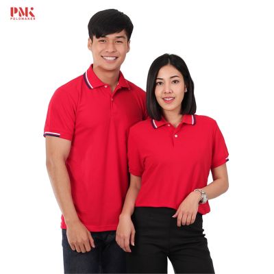 MiinShop เสื้อผู้ชาย เสื้อผ้าผู้ชายเท่ๆ เสื้อโปโล สีแดง ขลิบขาว-น้ำเงิน PK103 - PMK Polomaker เสื้อผู้ชายสไตร์เกาหลี