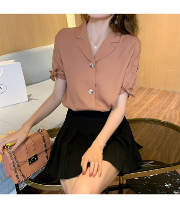 Houthion Mid-sleeve Womens Blouse Solid Color Suit Collar Shirt Korean Fashion Tops Casual Comfortable Silk