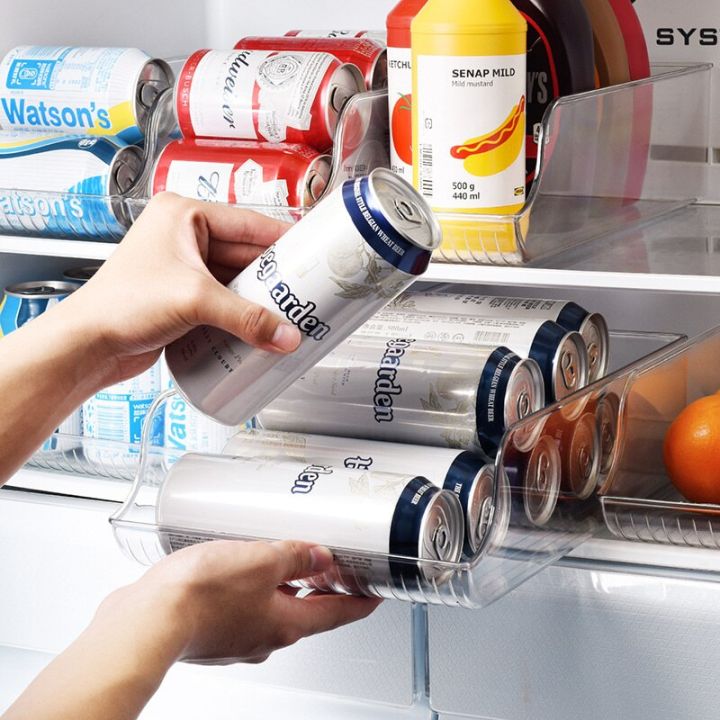 ที่แขวนตู้โซดากระป๋องในตู้เย็นที่ขวดเครื่องดื่มช่องเก็บอาหารที่แขวนถาดใส่อุปกรณ์ในครัวในตู้เย็น