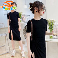 HOBIBEAR Fashion Girls Slit Dress T Shirt Bottom Skirt Slim Dress เดรสแขนสั้น