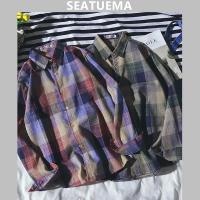 SEATUEMA ชุดเสื้อเชิตเวอร์ชั่นเกาหลีลายตารางแขนยาวแบบบางสำหรับฤดูร้อน,เสื้อผ้าวัยรุ่นเสื้อเชิ้ตผู้ชายลำลองเทรนด์