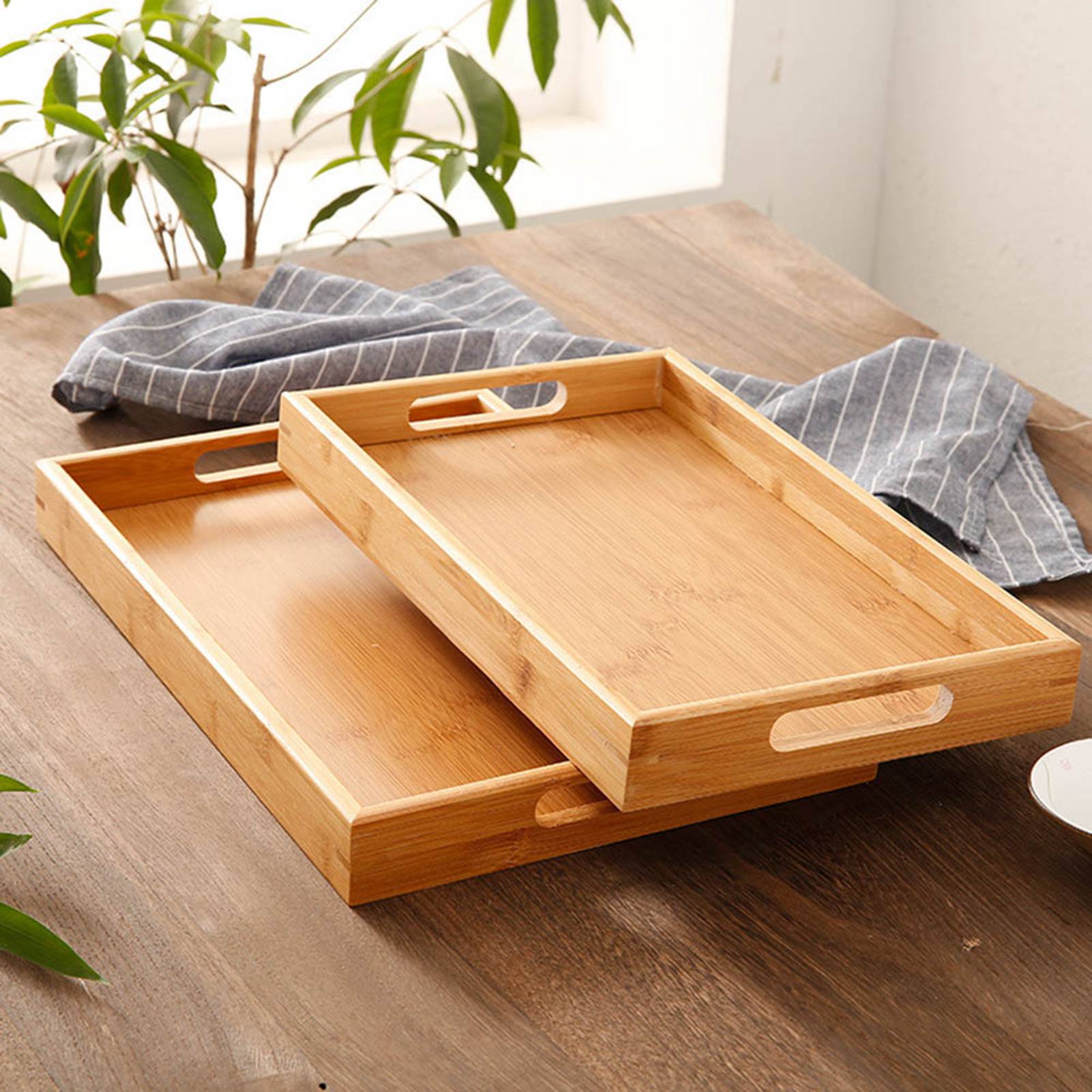 Wooden Serving Tray With Handles Food Wood Table Bamboo Trays Large Rectangular 