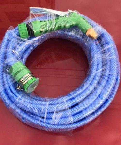 สายยางรดน้ำ สายยางถัก ชุดสายยาง PVC ใสถัก 1/2 นิ้ว พร้อมหัวฉีด ยาว 20 เมตร PQS-PC20 สีฟ้า
