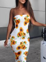 【CW】✈  2021 New off-the-shoulder ladies tight dress elegant fashion womens sunflower print long casual all-match