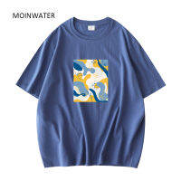 MOINWATER สีน้ำเงินเข้มศิลปะพิมพ์เสื้อ T สำหรับผู้หญิงแขนสั้นหญิงผ้าฝ้ายประเดิมท็อปส์สำหรับฤดูร้อน MT21035