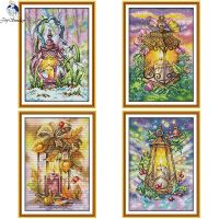 ✴✣☞ Four Seasons Lantern Series Stamped Cross Stitch Kits 14CT 11CT White Canvas Printed Fabric Embroidery Set DIY Hand Sewing Gifts