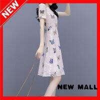 NEW MALL Printed Short-Sleeved Dress, Fat Girl Waist A-Line Skirt, Summer V-Neck Bottoming Skirt