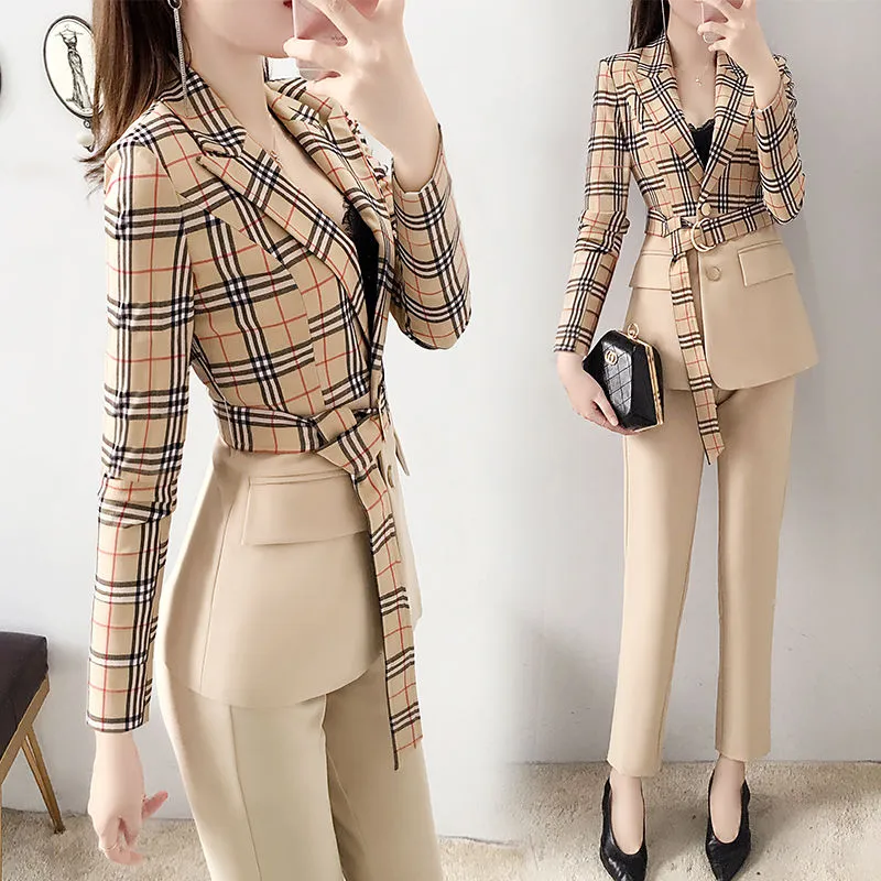 Tao korean style Blazer for Women slim seluar perempuan office wear for  women plaid jacket+pants two pieces | Lazada