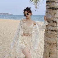 【CW】 Knitted Three piece Swimsuit Beach Sleeve Coat With Top Shorts 3pcs Set Korea Swimwear