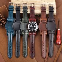 （Bar watchband）สายหนังเคลือบแว็กซ์น้ำมัน18มม. 19มม. 20มม. 21มม. 22มม. สายนาฬิกาข้อมือสีฟ้าพร้อมอุปกรณ์นาฬิกาหนังแท้ทำมือ