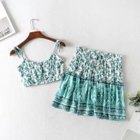 ZZOOI Boho Inspired 2 piece set women green floral print set summer dress straps pleated mini boho dress gypsy beach women dress 2020