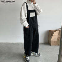 INCERUN ชุดเอี๊ยมผ้าเช็ดน้ำลายเด็ก Overalls สำหรับผู้ชาย,จั๊มสูทกางเกงลำลองกางเกงขายาวกระเป๋าคาร์โก (สไตล์เกาหลี)