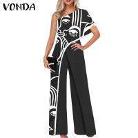 VONDA Women y Summer One Shoulder Vintage Printed Wide Leg Long Jumpsuits