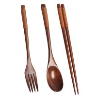 Wooden Flatware Set, Wooden Portable Set Spoon Fork Chopsticks Tableware Dinnerware with Khaki Twining Thread