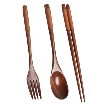 Wooden Flatware Set, Wooden Portable Set Spoon Fork Chopsticks Tableware Dinnerware with Khaki Twining Thread