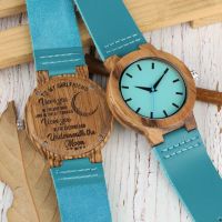 DIY Customized Logo Wood Watch Women Creative Engraved Retro Wooden with Blue Genuine Leather Souvenir Gifts for Girl Girlfriend