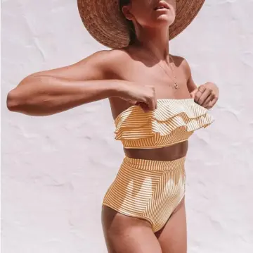 Two Piece Swimsuit High Waist Bikini Ruffled One Shoulder Swimwear Padded  Push Up Swimwear Tube Bikini For Women