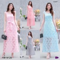 Maxi dress ลูกไม้ ทรงคอเหลี่ยมแขนล้ำ TW14120