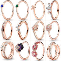 New 925 Silver Ring Rose Gold Plated Zircon Sparkling Princess Wishbone Heart Ring Women Original Pandor Fine Jewelry