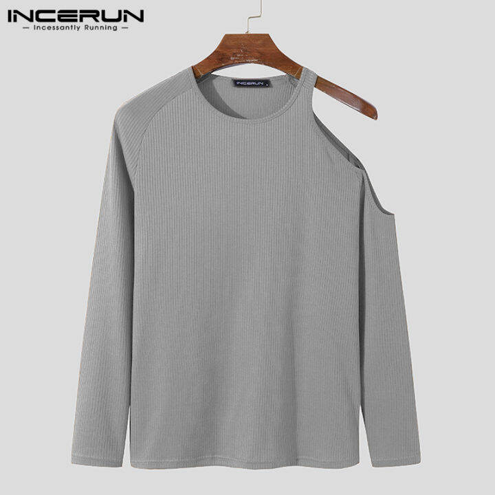 incerun-เสื้อเชิ้ตแขนยาวสำหรับผู้ชาย-เสื้อเบลาส์เสื้อยืดคอกลมเปิดไหล่สวมใส่สบาย