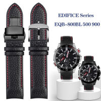 22มิลลิเมตรโค้ง End Cowhide หนังสายนาฬิกาข้อมือสำหรับ EDIFICE Casio EQB-800BL 500 501 900สร้อยข้อมือซิลิโคนนาฬิกาวงชายสายรัดสีดำ