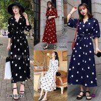 J10142 Maxi Dress แม็กซี่เดรส ลายจุด + สายผูกเอว