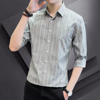 ร้อน, ร้อน★Mens shirts. 2023 summer new T-shirt. Mens slim shirt. Striped shirt. Versatile casual lapel T-shirt. Mens three-quarter sleeve shirt