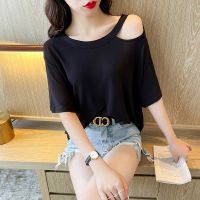 Cool Ice Modal Short Sleeve T-shirt Womens Summer Thin Loose Half Sleeve T-shirt Design Feel Hollow Off Shoulder