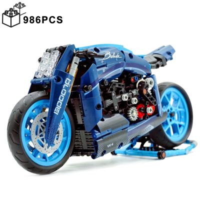 รถจักรยานยนต์แนวคิดสีฟ้า Diavel ที่มีชื่อเสียงทางเทคนิคบล็อกตัวต่อประกอบอิฐรถยนต์มอเตอร์ไซค์ของเล่นของขวัญสำหรับเด็กผู้ชาย986ชิ้น