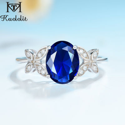 Kuololit 925 Sterling Silver Rings For Women Created Blue Sapphire Gemstone Name Ring Wedding Engagement Band Christmas Jewelry