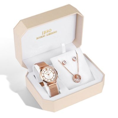 กล่องแปดเหลี่ยมโรแมนติก IBSO ผู้หญิงเซ็ตนาฬิกาของขวัญคริสต์มาสสร้อยคอเพทายหรูหราและต่างหูนาฬิกาเคลื่อนไหวญี่ปุ่นสุภาพสตรี