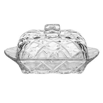 1Pc Relief Butter Keeper with Lid Clear Glass Cake Dessert Dish Transparent