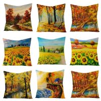 Fashion Oil Painting Cushion Cover Landscape Printed Cushion Covers Linen Throw Pillow Case Home Decoration Pillowcase