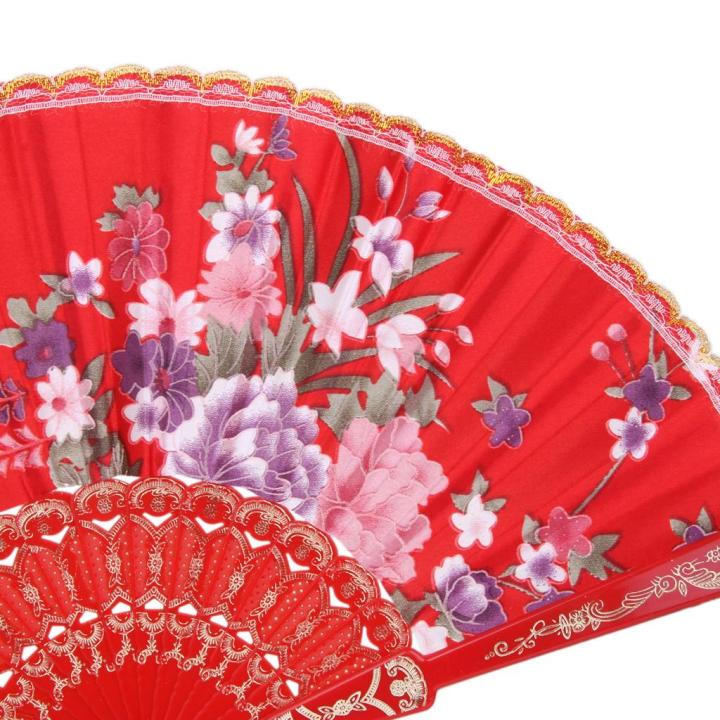 lazaralife-ดอกไม้หวานพัดพับได้พัดลมเต้นรำแฟนสีแดง