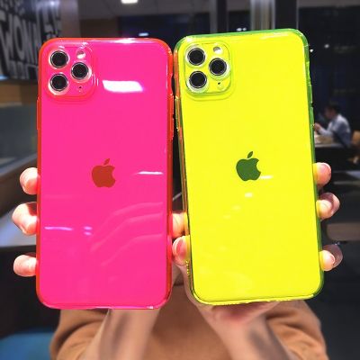 [สินค้าใหม่ในสต็อก] แฟชั่นเรืองแสงสีทึบกรณีโทรศัพท์สำหรับ iPhone 14 Pro Max 13 12มินิ11 XR X XS 7 8บวก SE 2020นุ่มฝาครอบโปร่งใส