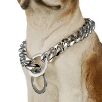 ✽☈ Dog Chain Collar Silvery Golden 15MM Width Cuban Link Chain for Dogs Strong Smooth Stainless Steel Metal Pet Training Slip Chain