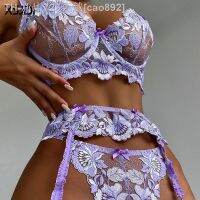 【CW】◇✥  Exquisite Floral Set Transparent Push-up Thong Garter 3PCS