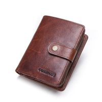 ZZOOI CONTACTS Genuine Leather Wallets for Men Short Trifold Casual Mens Wallet Luxury Brand Zip Coin Purses Card Holders Money Clip