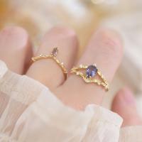 2PCS/Set Elegant Natural Amethyst Beautiful Retro Flowers 14K Plated Gold CZ Open Ring for Women Adjustable Zircon Charm Gift