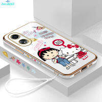 [ฟรีสายคล้อง] สำหรับ OPPO A58 4G เคสมือถือการ์ตูน Chibi Maruko-Chan Hello Kitty เด็กหญิงปลอกลวดลายขอบสี่เหลี่ยมชุบเคสโทรศัพท์เด็กผู้หญิงเคสนิ่มสุดหรู