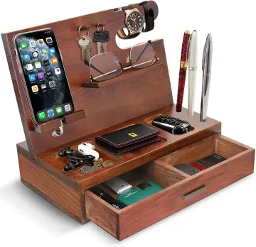 Wood Phone Docking Station Key Holder Wallet Stand Jewelry Watch