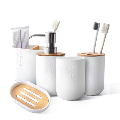 Bathroom Set Toothbrush Holder Toilet Brush Cup Soap Holder Press Emulsion Dispenser Container Bamboo Bathroom Accessories