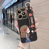 Case4you สำหรับ Realme C53 Realme Narzo N53 (มีสายรัดข้อมือ) นุ่มขอบสี่เหลี่ยมดอกเหมยลวดลายสาวๆน่ารักปลอกชุบเคลือบเคสโทรศัพท์สุดหรูชุบเคสโทรศัพท์นิ่ม