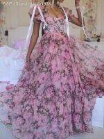 ► 15smilevonla1976 Bazaleas Princesa Rosa Floral Impressão Organza Vestido Feminino วินเทจ Babados ผัดมังงะ Maxi Vestidos Longos