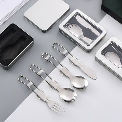 Folding Camping Cutlery Portable Outdoor  Travel Picnic Foldable Stainless Steel Cutlery Set Spoon Fork Knife Tableware Flatware Sets